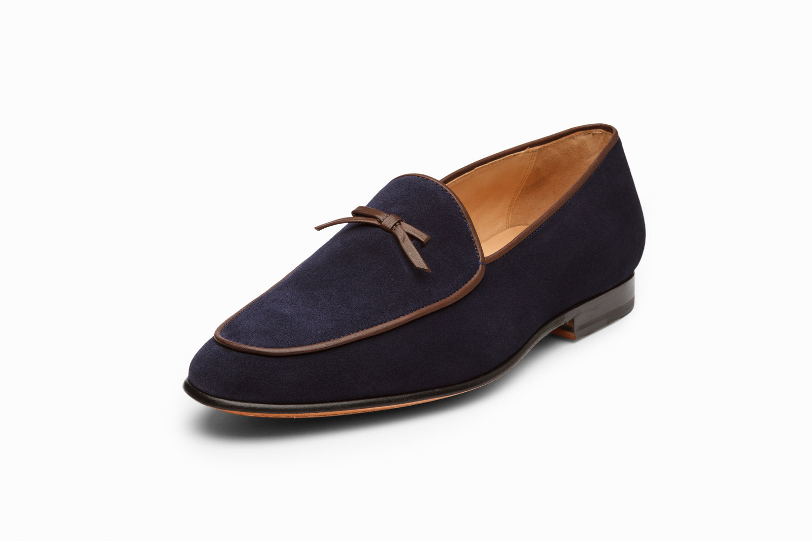 The navy suede loafer in detail
