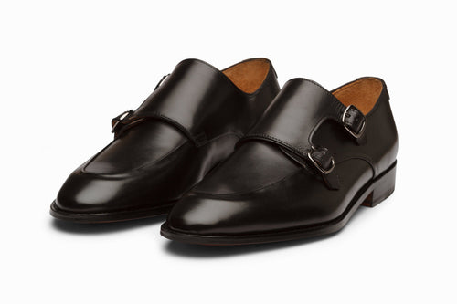Black leather monkstrap viewed in full