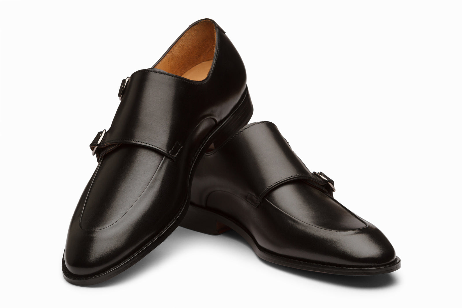 Close view of the black leather monkstrap