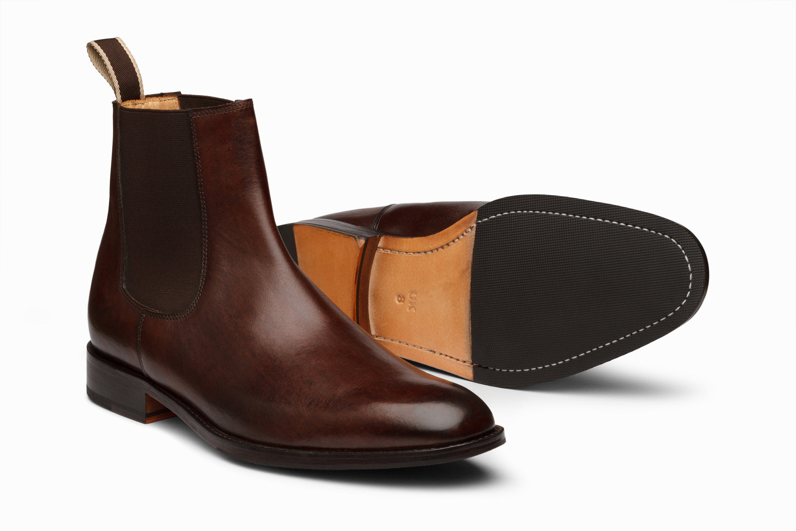 Close view of the brown leather boot