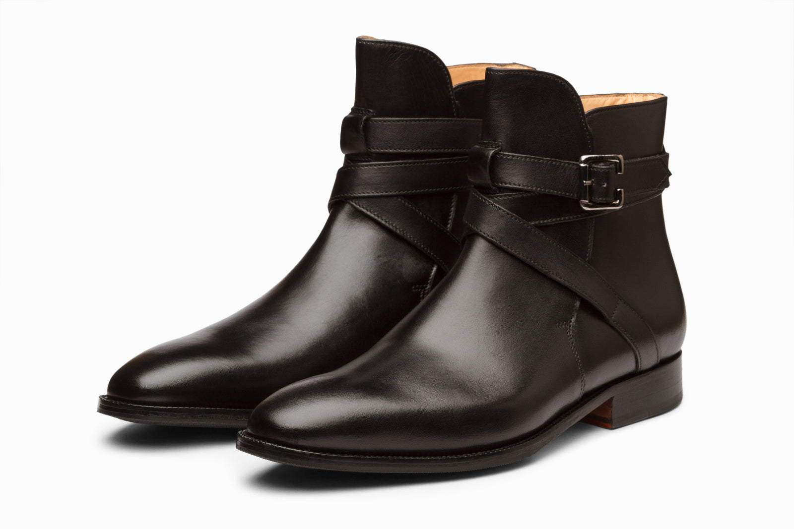 Black leather boot viewed in full