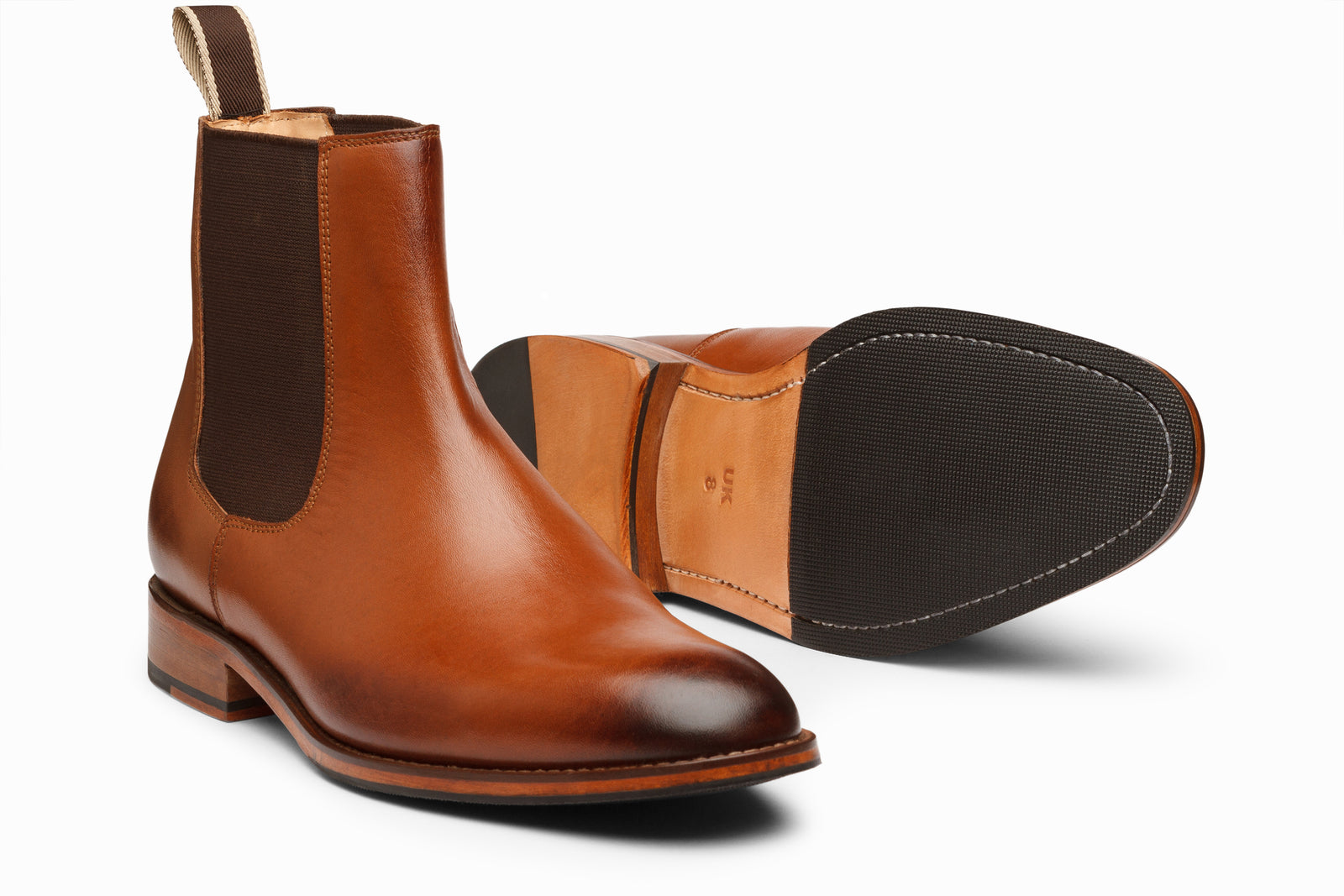 Close view of the tan leather boot