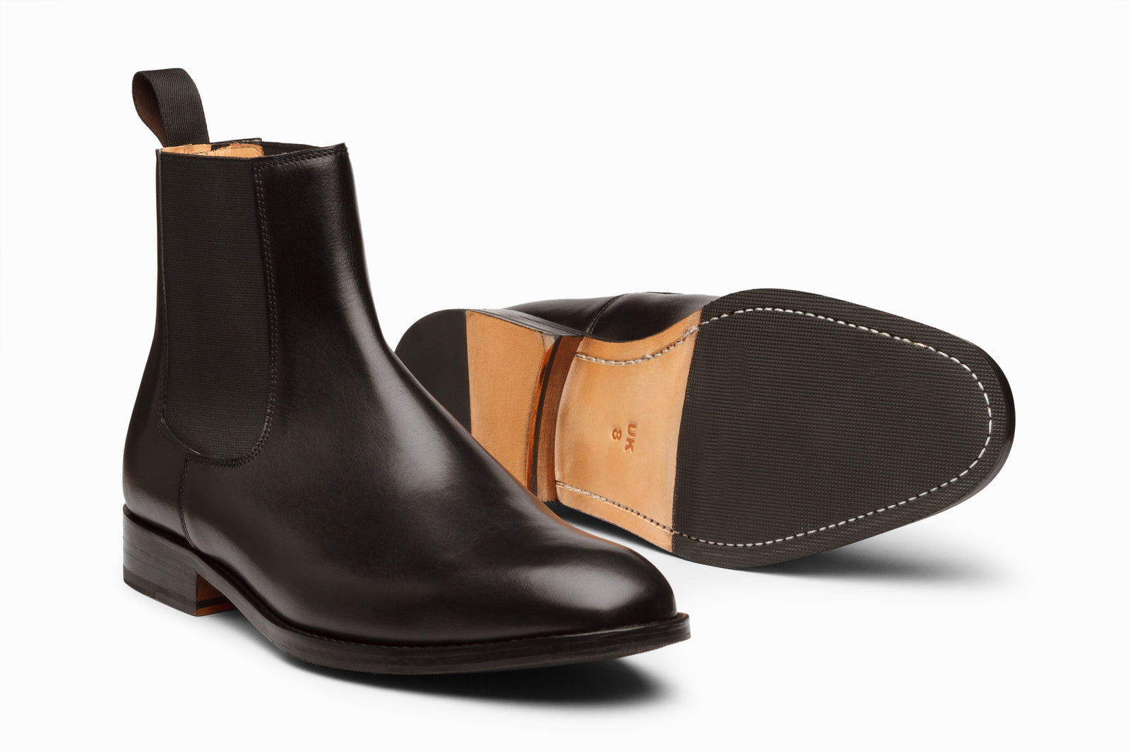 Close view of the black leather boot