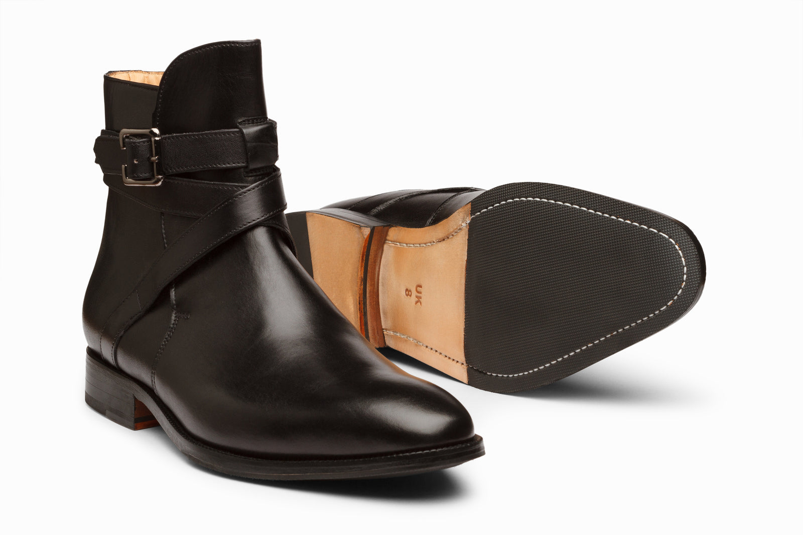 Close view of the black leather boot