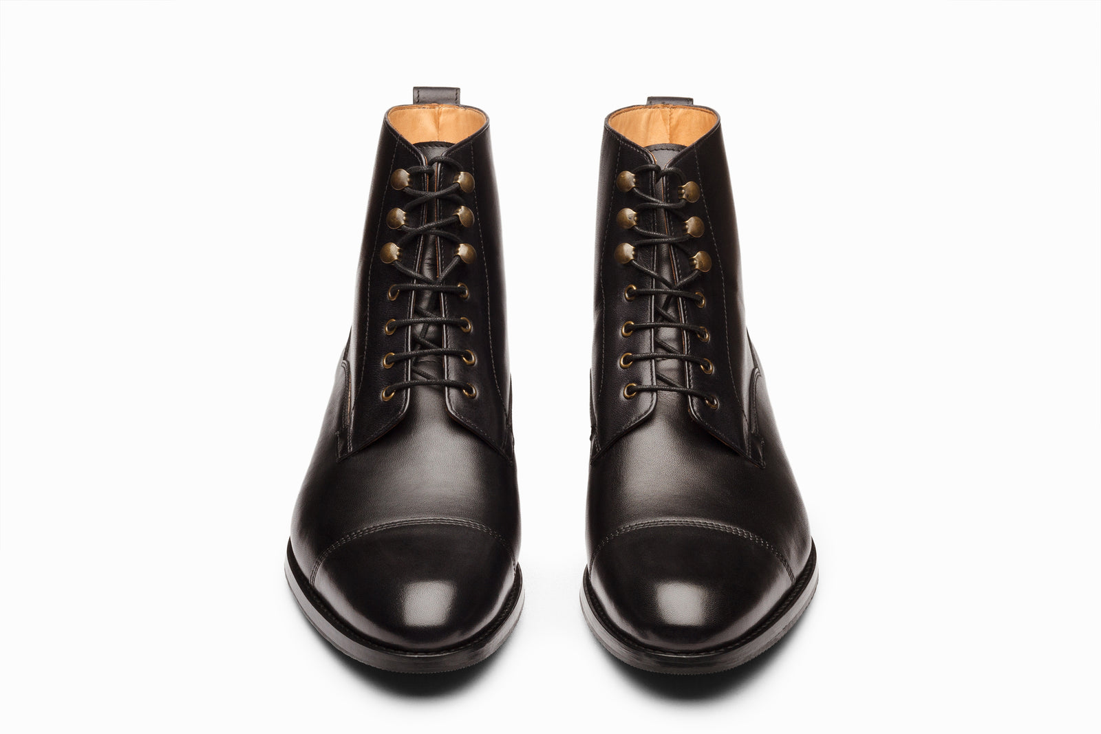 Close view of the black leather boot