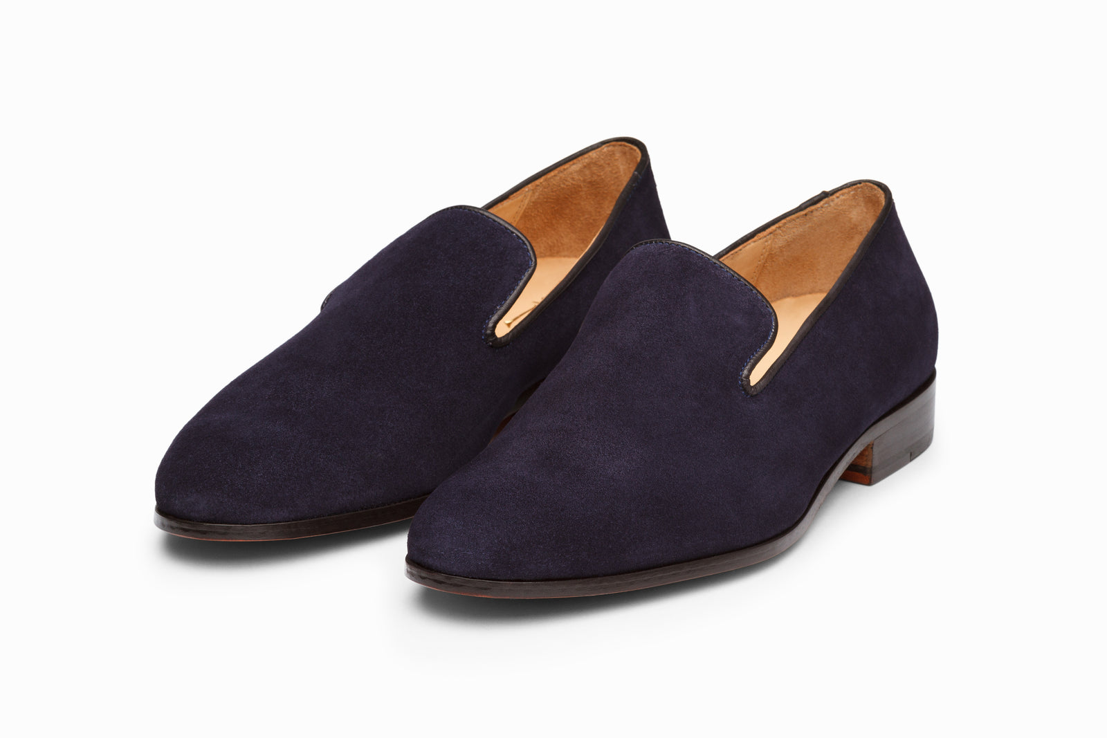 Navy suede loafer viewed in full
