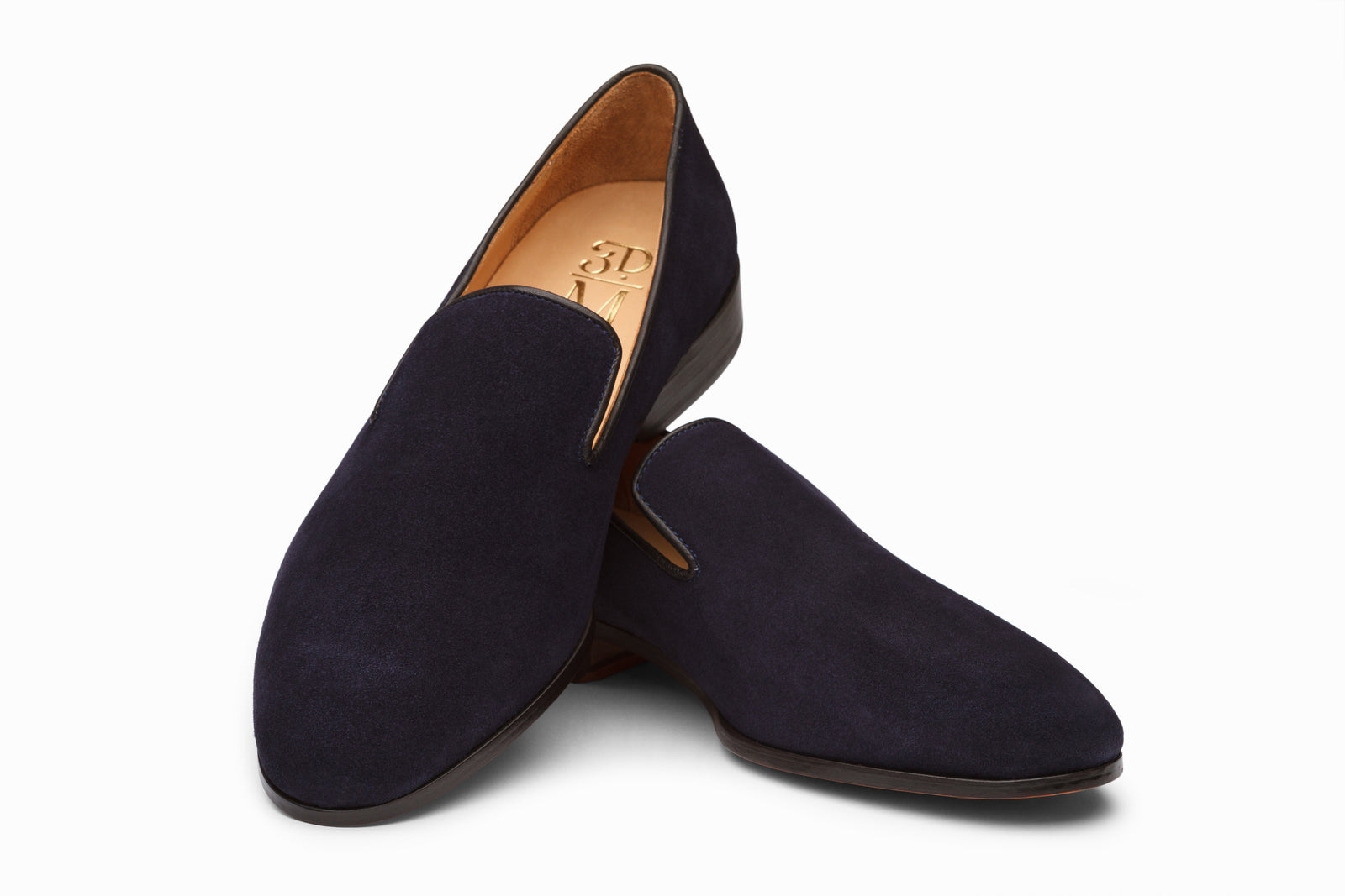 Close view of the navy suede loafer
