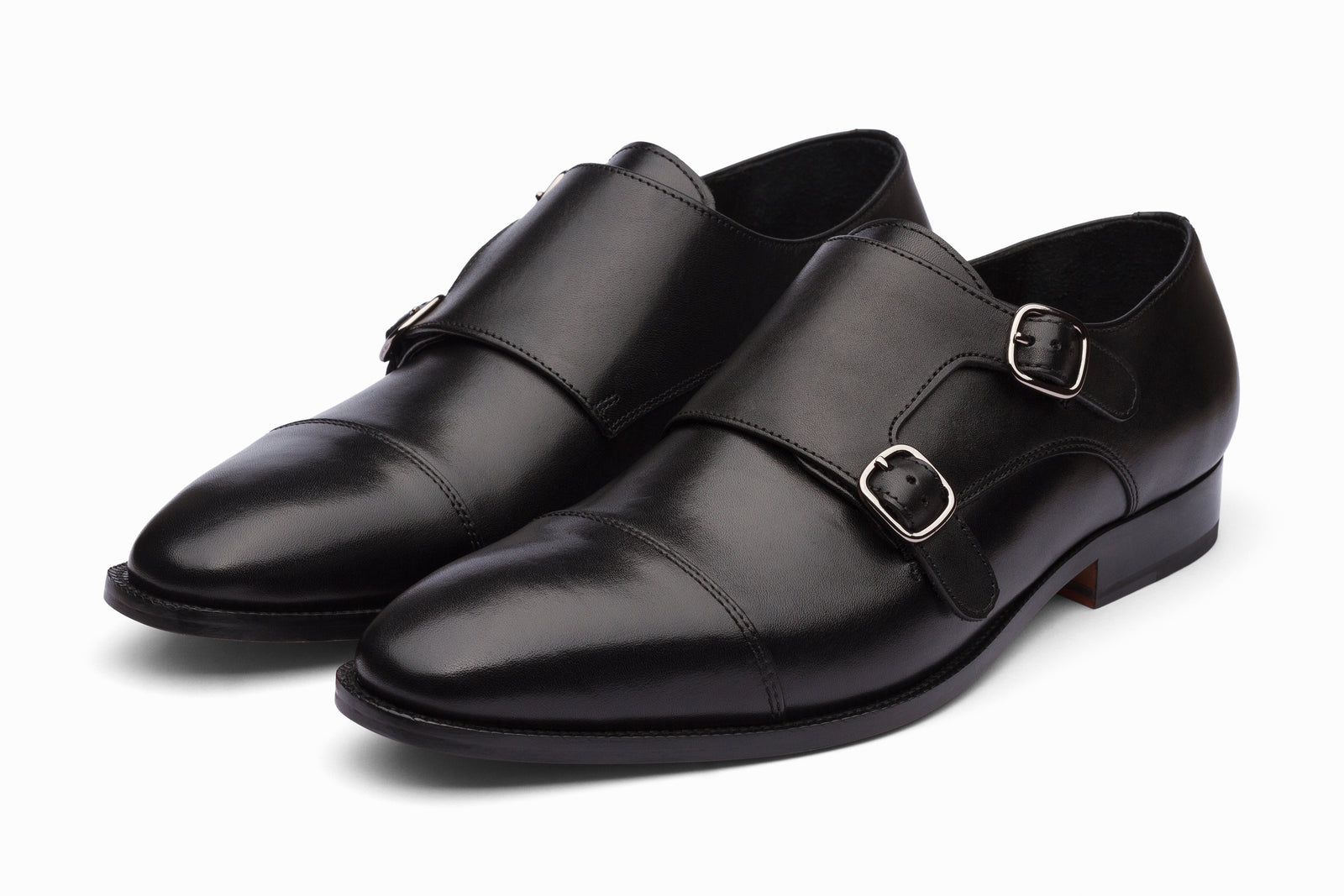 Black leather monkstrap viewed in full