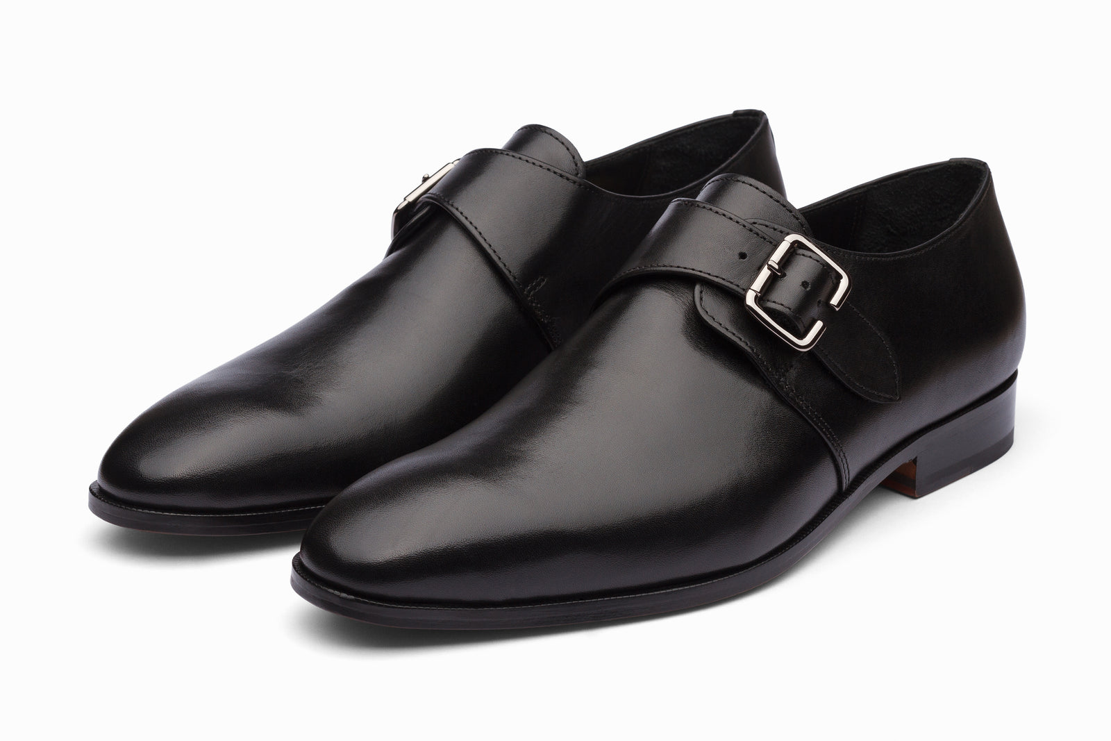 Black leather monkstrap viewed in full