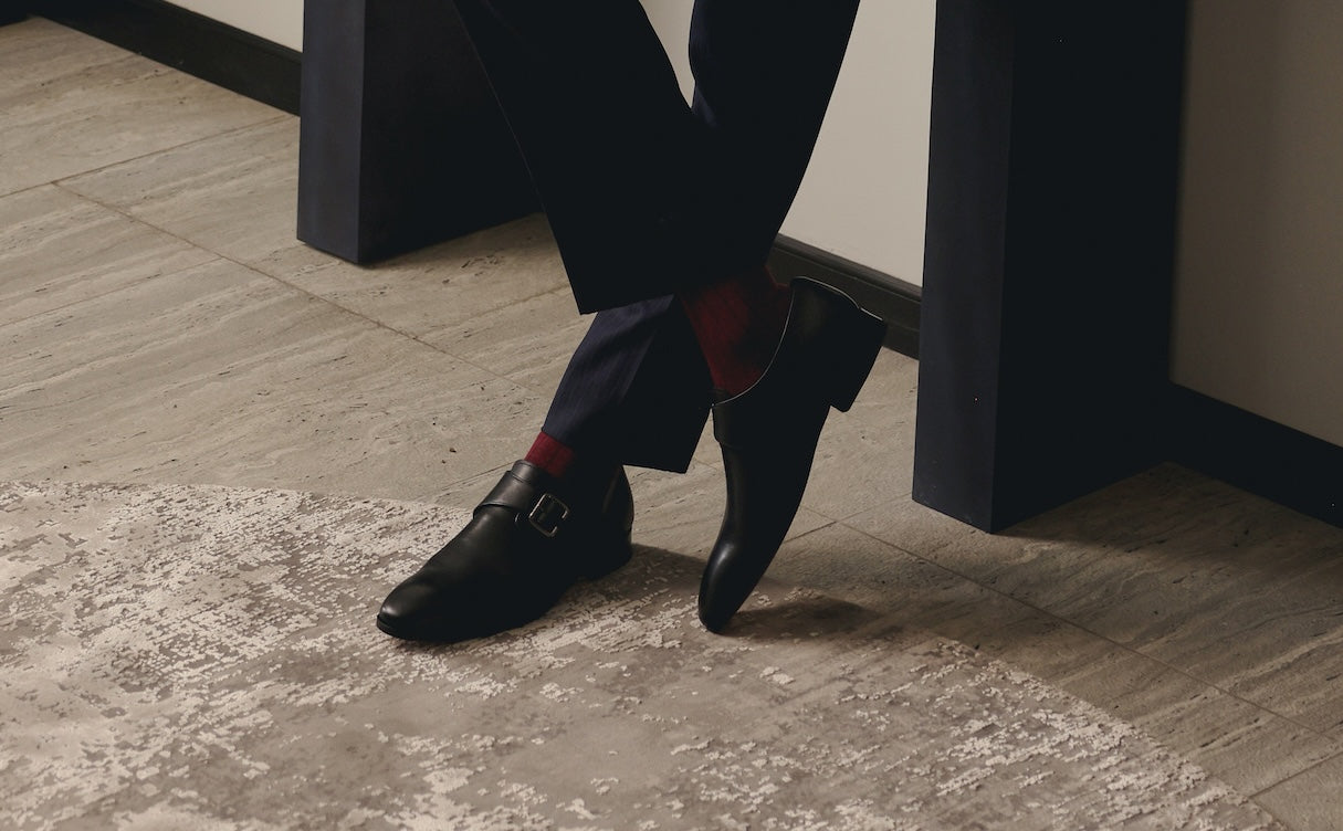 Close view of the black leather monkstrap