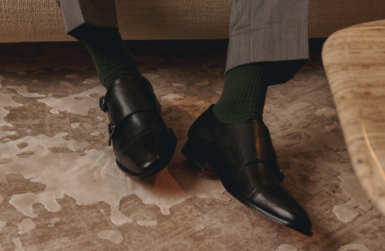 Close view of the black leather monkstrap