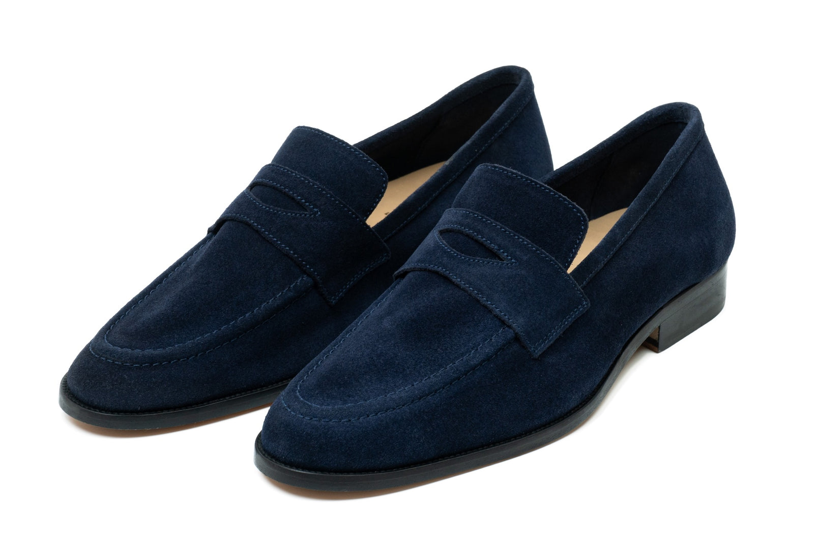 Navy suede penny viewed in full