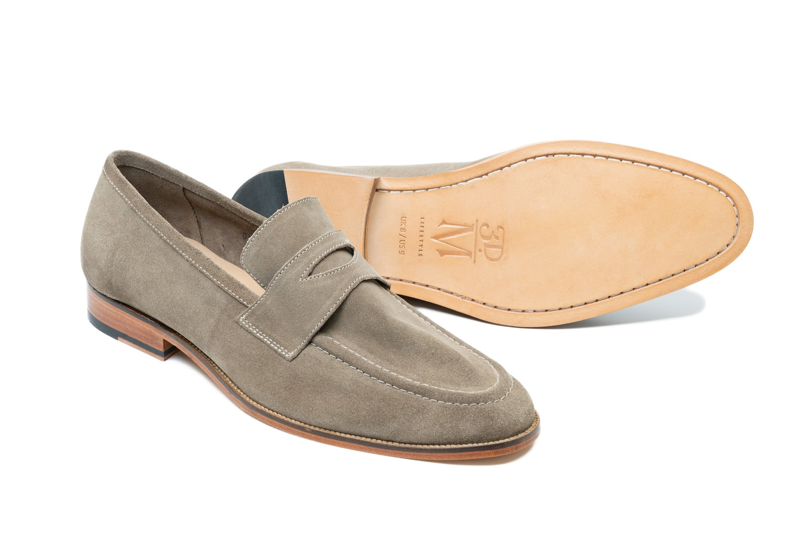 Close view of the taupe suede penny
