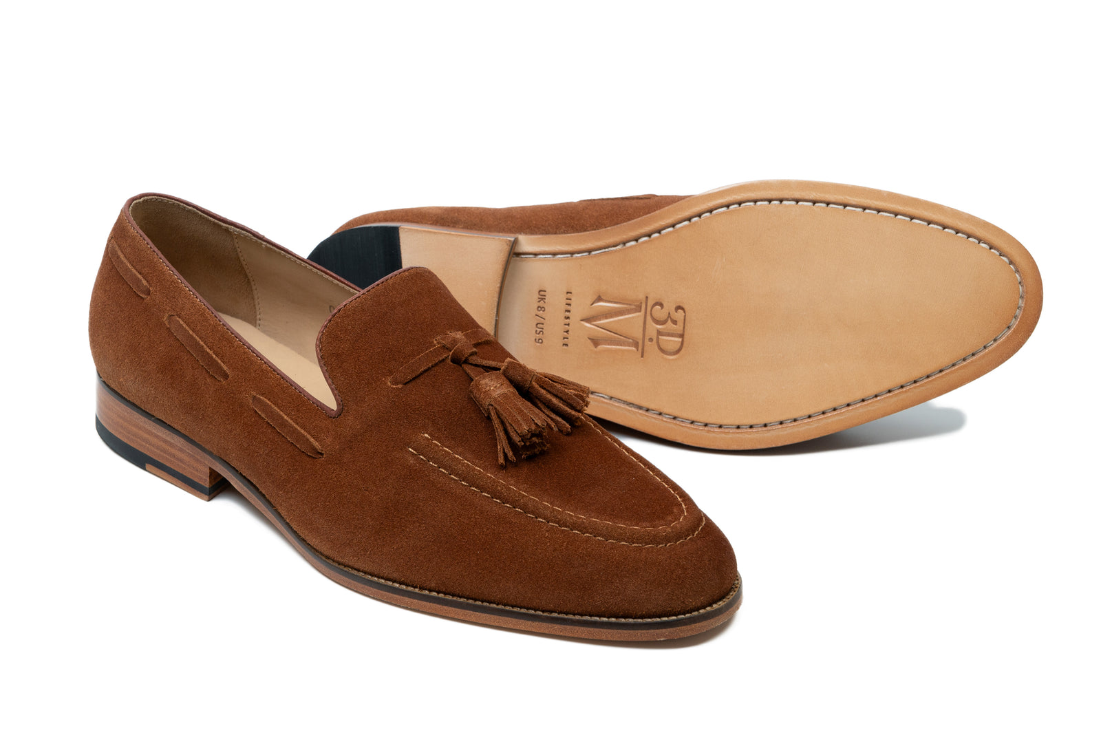 Close view of the navy suede tassel