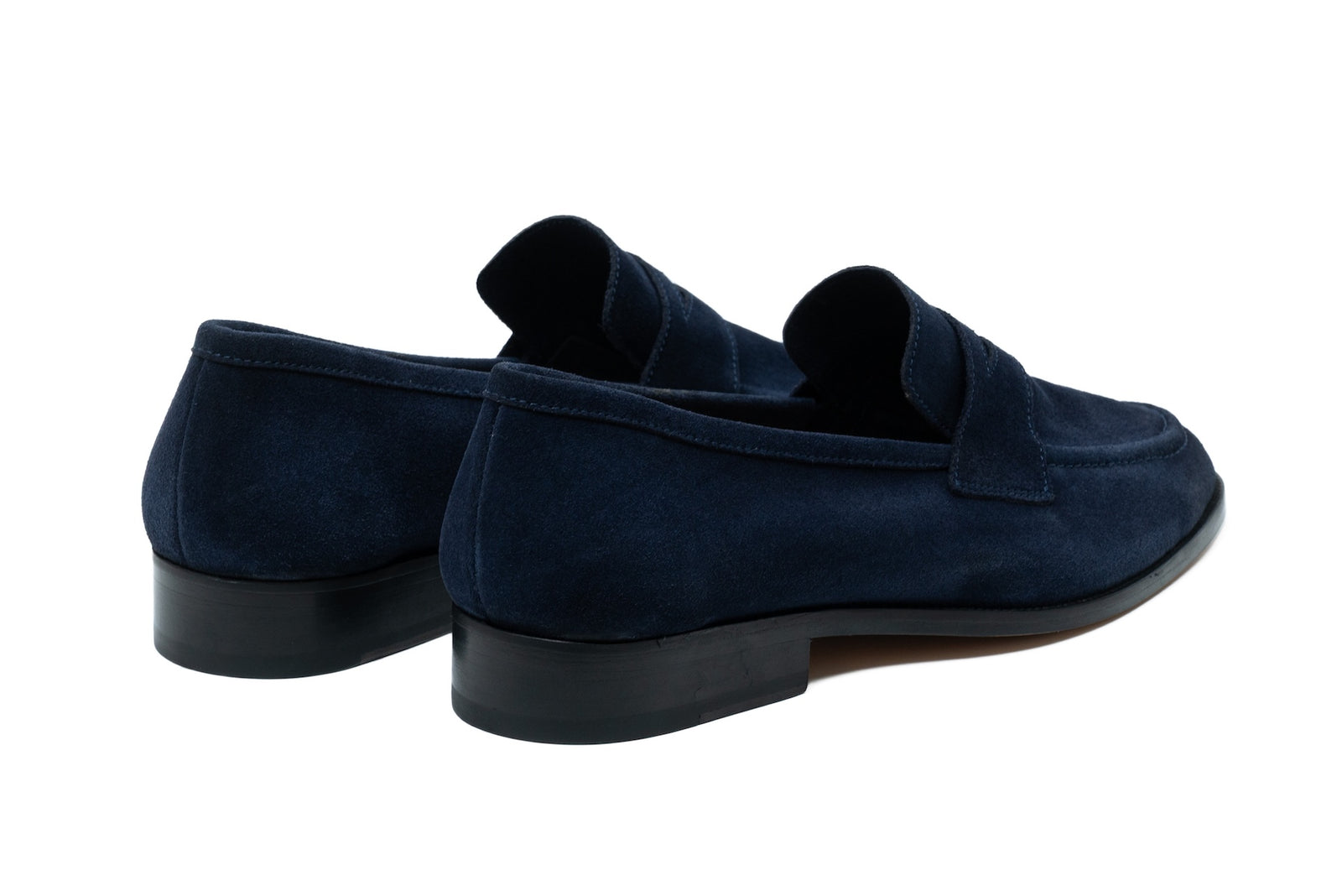 The navy suede penny in detail