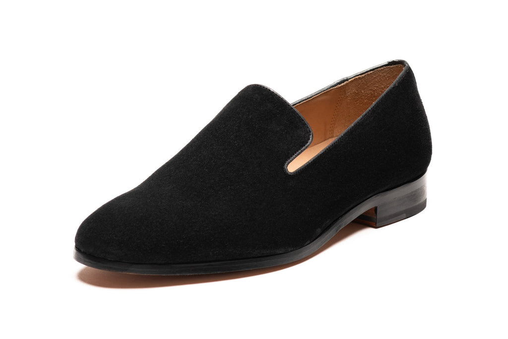 The black suede loafer in detail