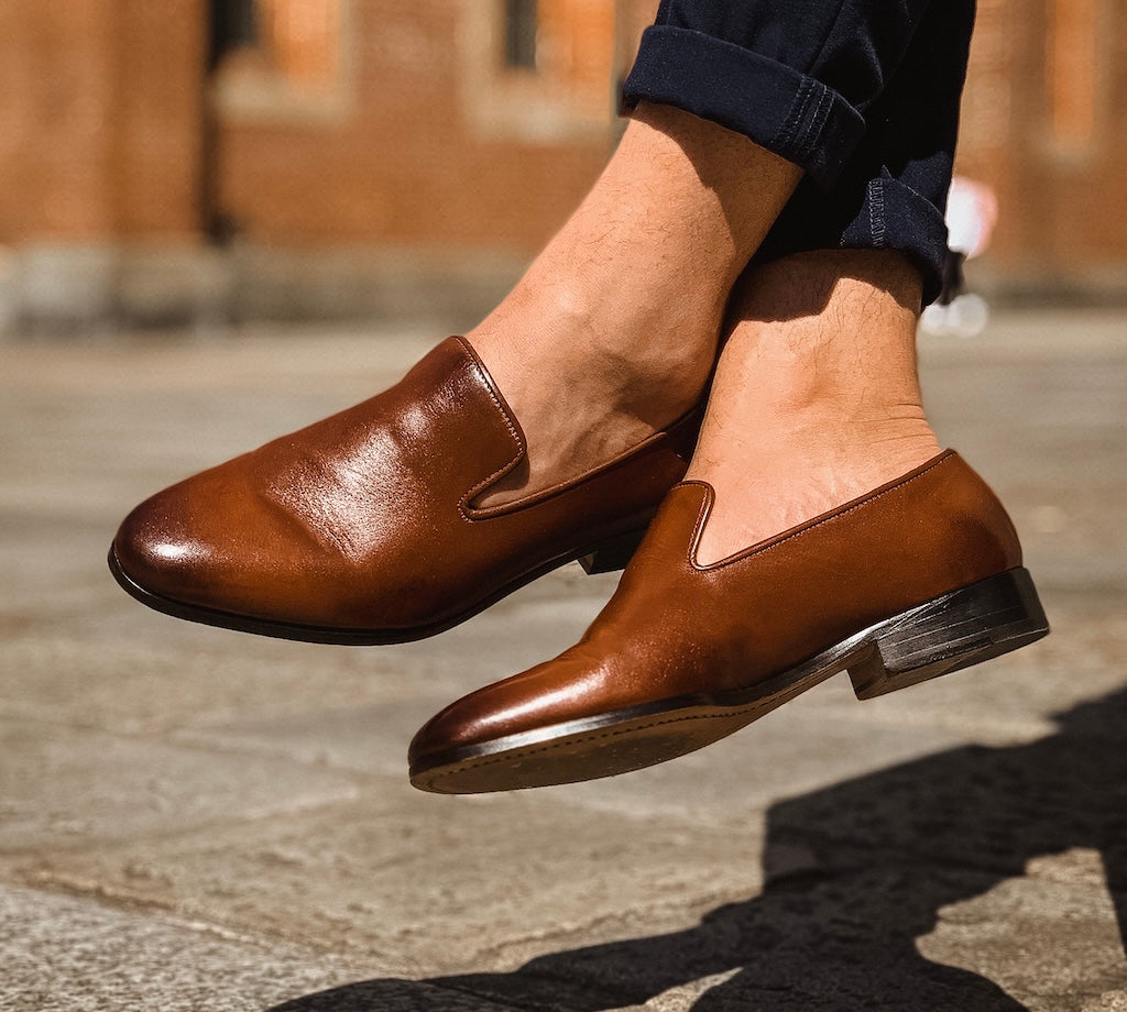 Cognac leather loafer viewed in full
