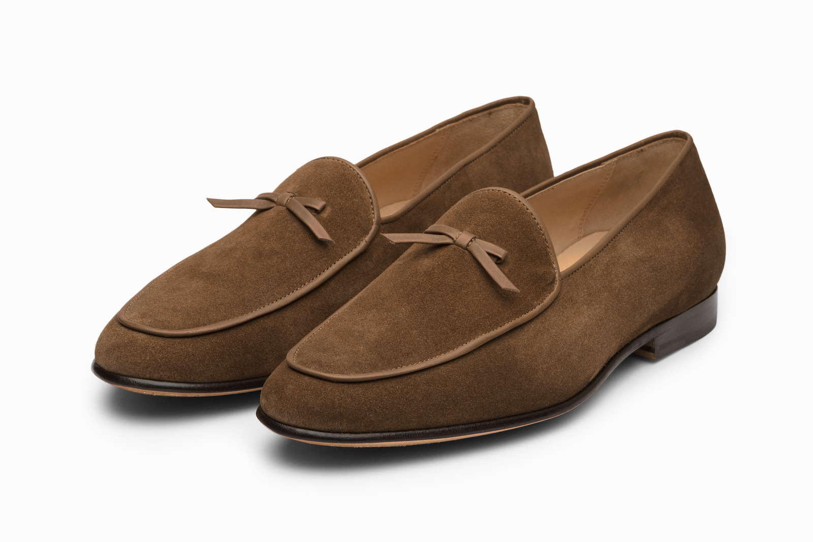 Tobacco suede loafer viewed in full