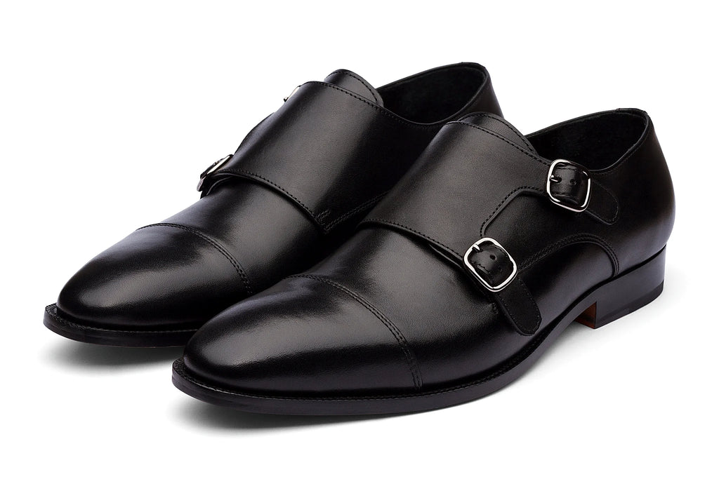 Pair of black leather monkstrap